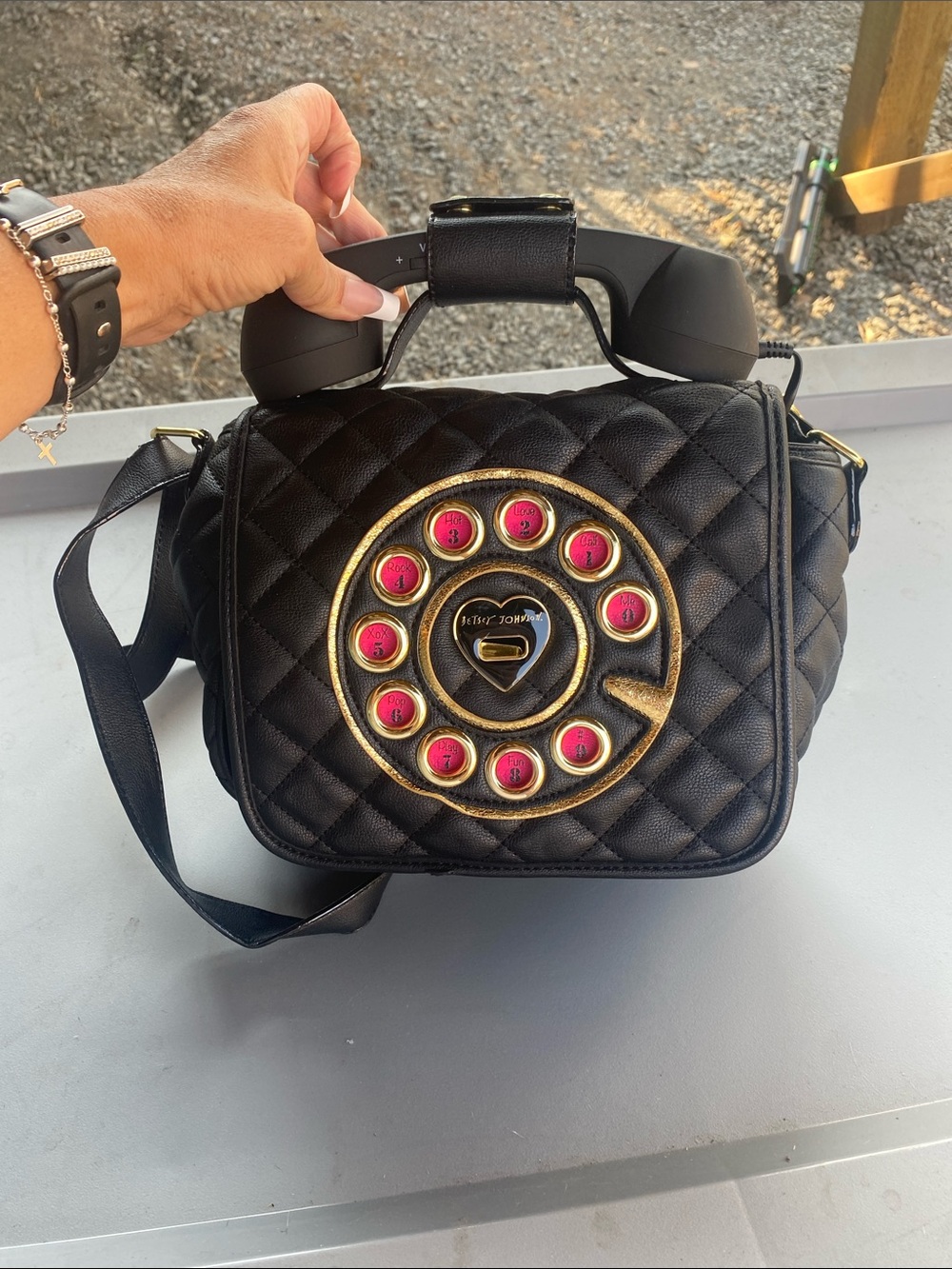 Betsey Johnson Black Quilted Crossbody Bag with Pink Dial Accents